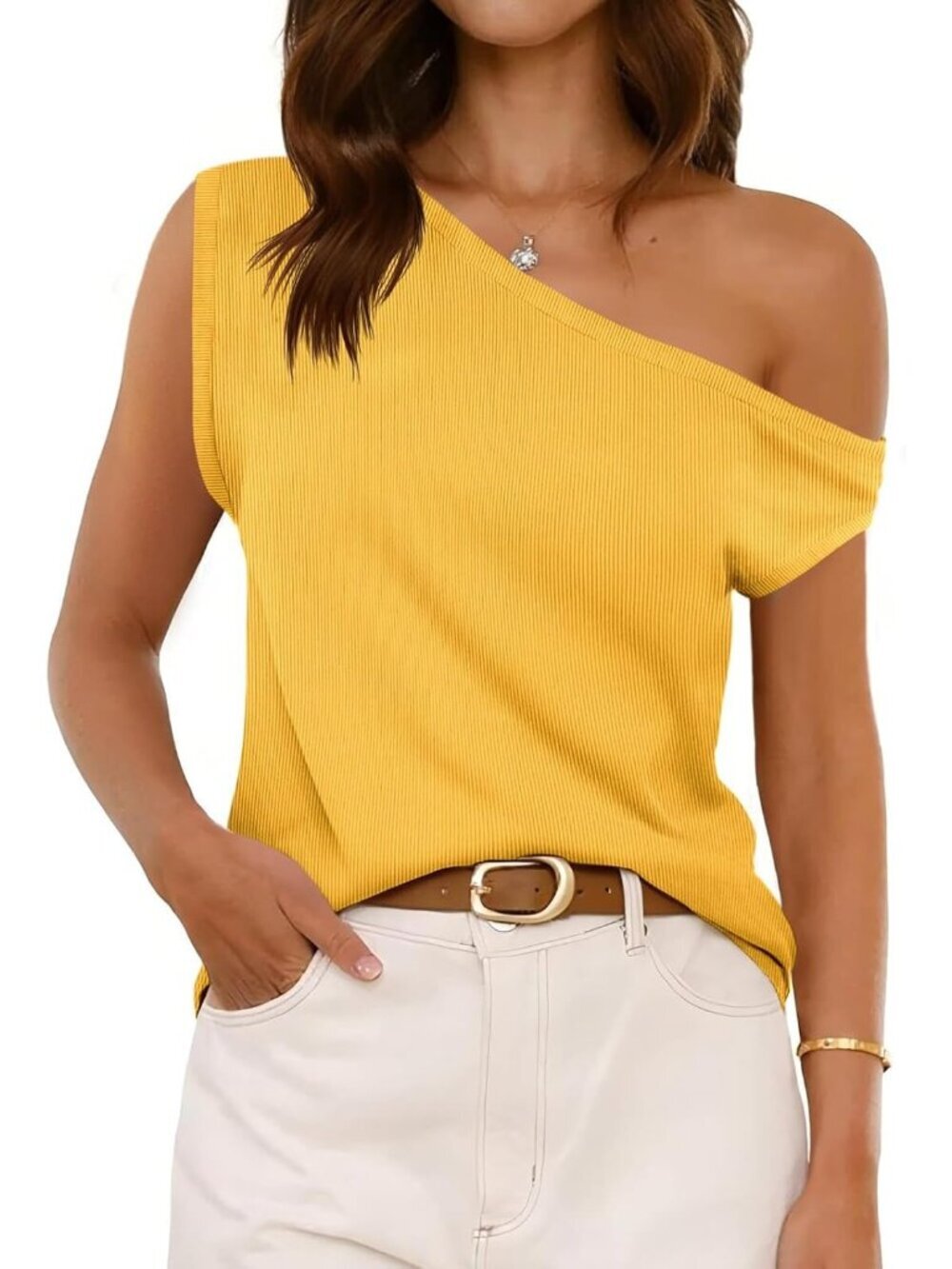 Women's Yellow Ribbed Off One Shoulder Slouchy Short Sleeve Tee Top
